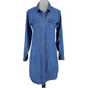 Banana Republic Dress Womens 4 Blue Denim Cotton Flax Blend Button Up Shirtdress